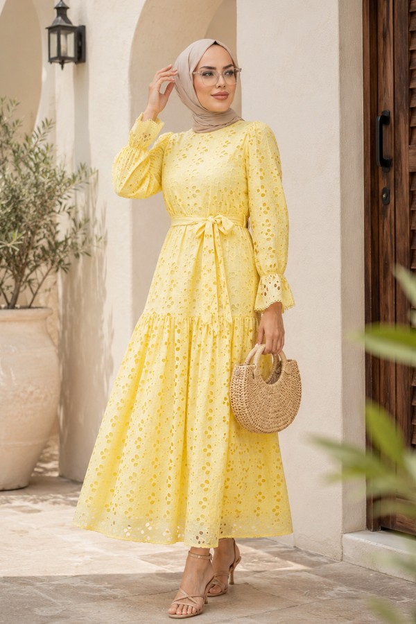 Crew Neck, Ruffled, Elasticated Sleeves, Lined Long Linen Dress -Yellow