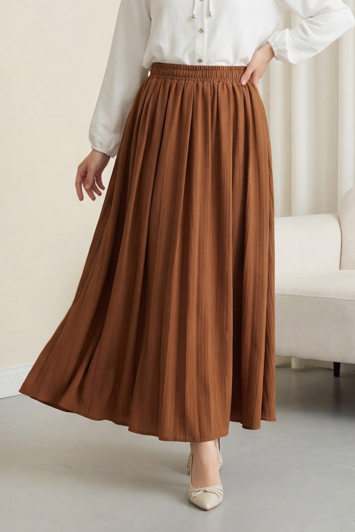 Long, Lined, Elastic Waist Waffle Skirt -Snuff