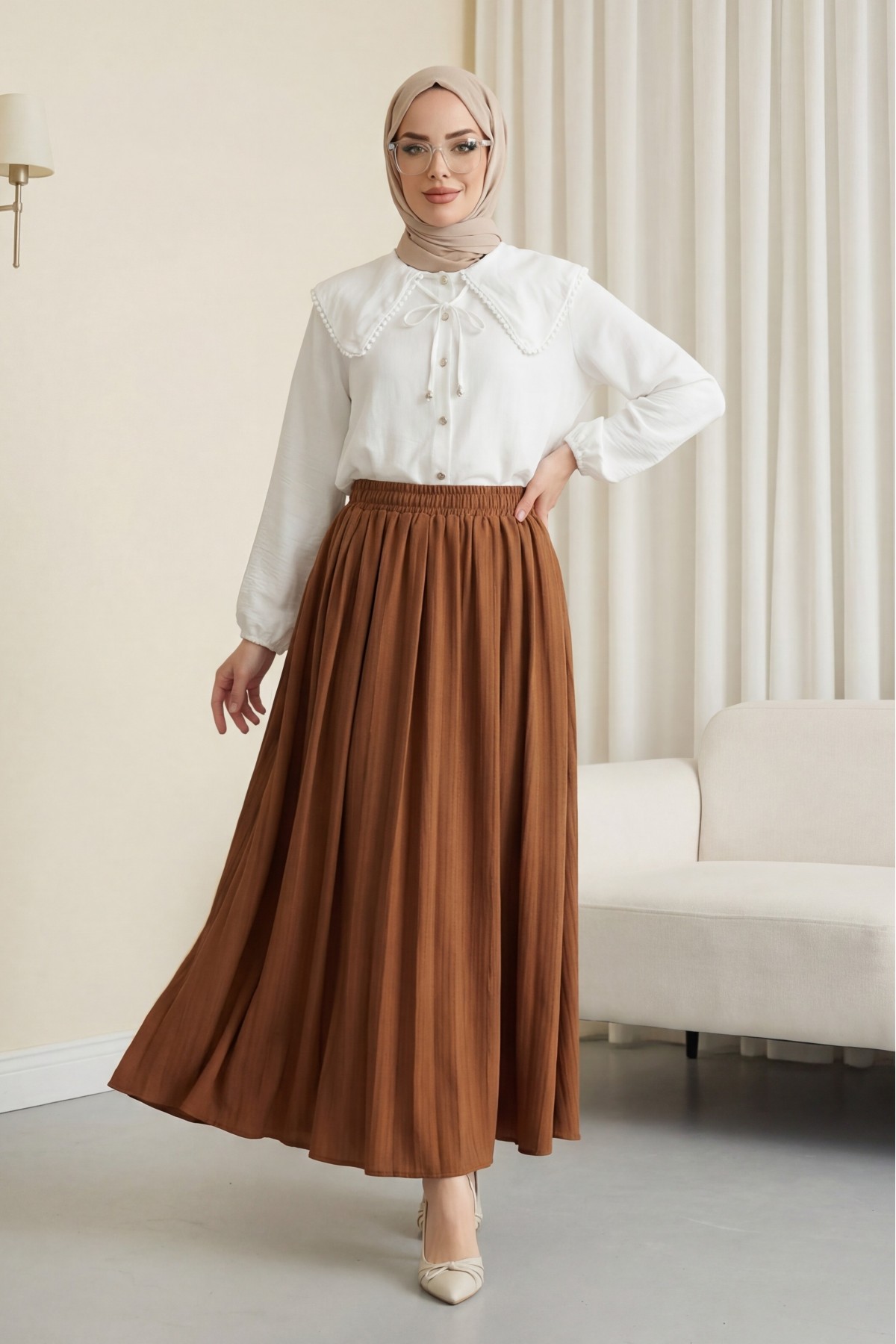 Long, Lined, Elastic Waist Waffle Skirt -Snuff