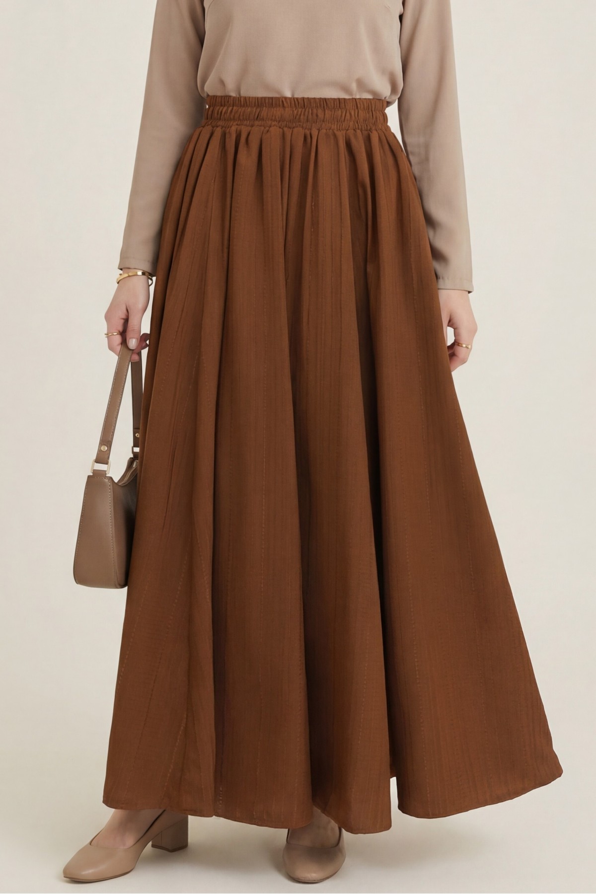 Long, Lined, Elastic Waist Waffle Skirt -Snuff