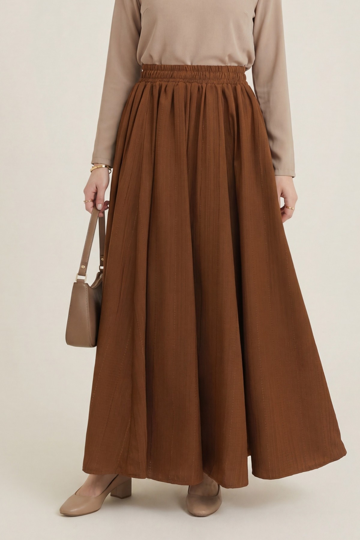 Long, Lined, Elastic Waist Waffle Skirt -Snuff