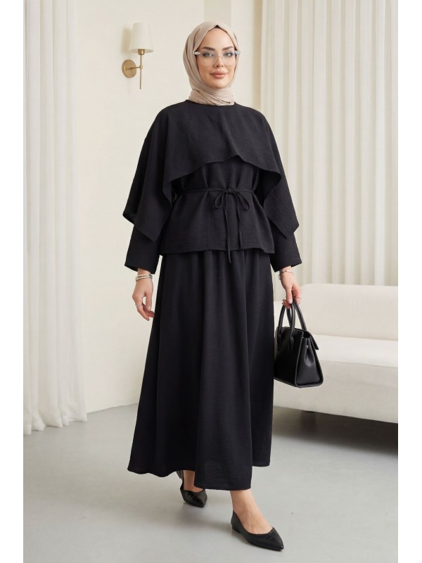 Pelerin Detaylı Beli Bağlamalı Etekli Cupra Takım  -Siyah