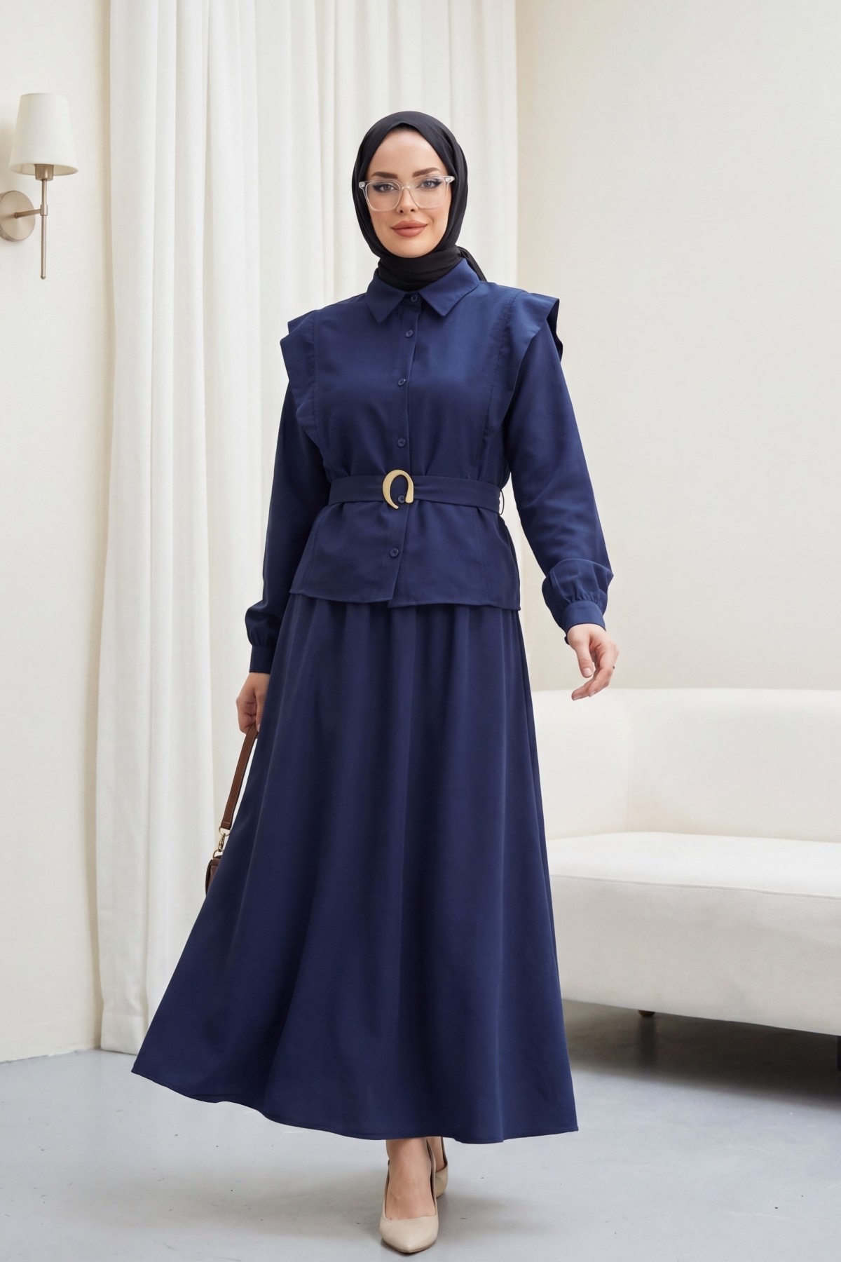 Modal Suit with Padded Shoulder Detail and Belted Skirt with Elastic Waistband -Navy blue