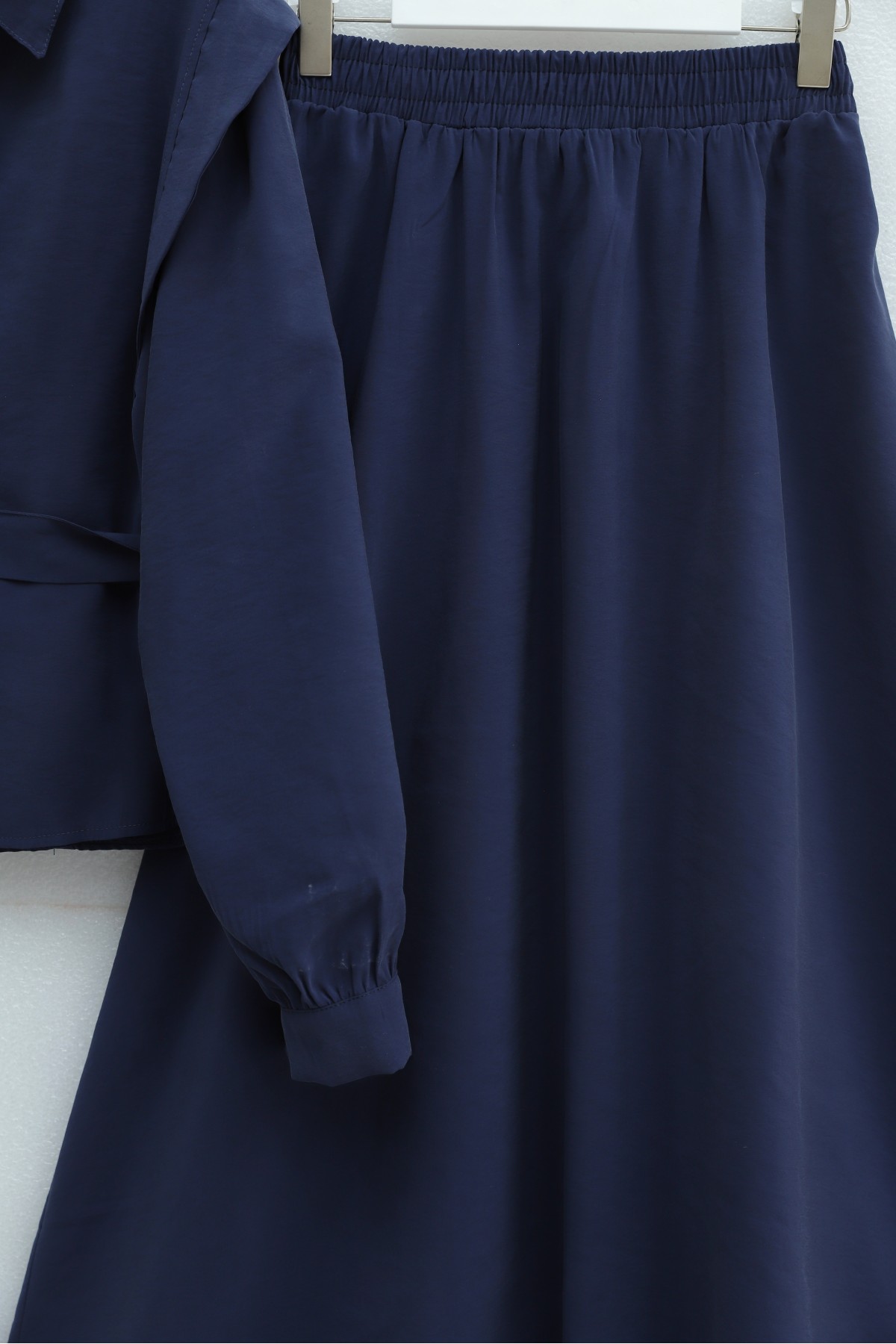 Modal Suit with Padded Shoulder Detail and Belted Skirt with Elastic Waistband -Navy blue