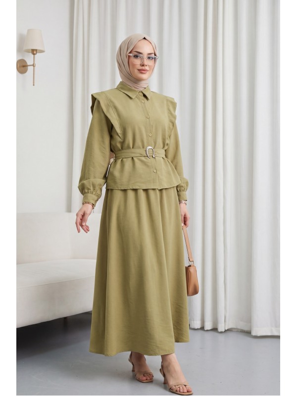 Omzu Vatka Detaylı Kemerli Eteği Lastikli Modal Takım -Yağ Yeşili