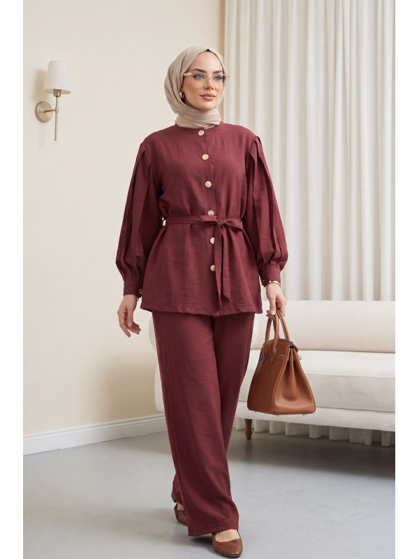 Karpuz Kol Beli Bağcıklı Pantolonlu Lena Takım -Mürdüm