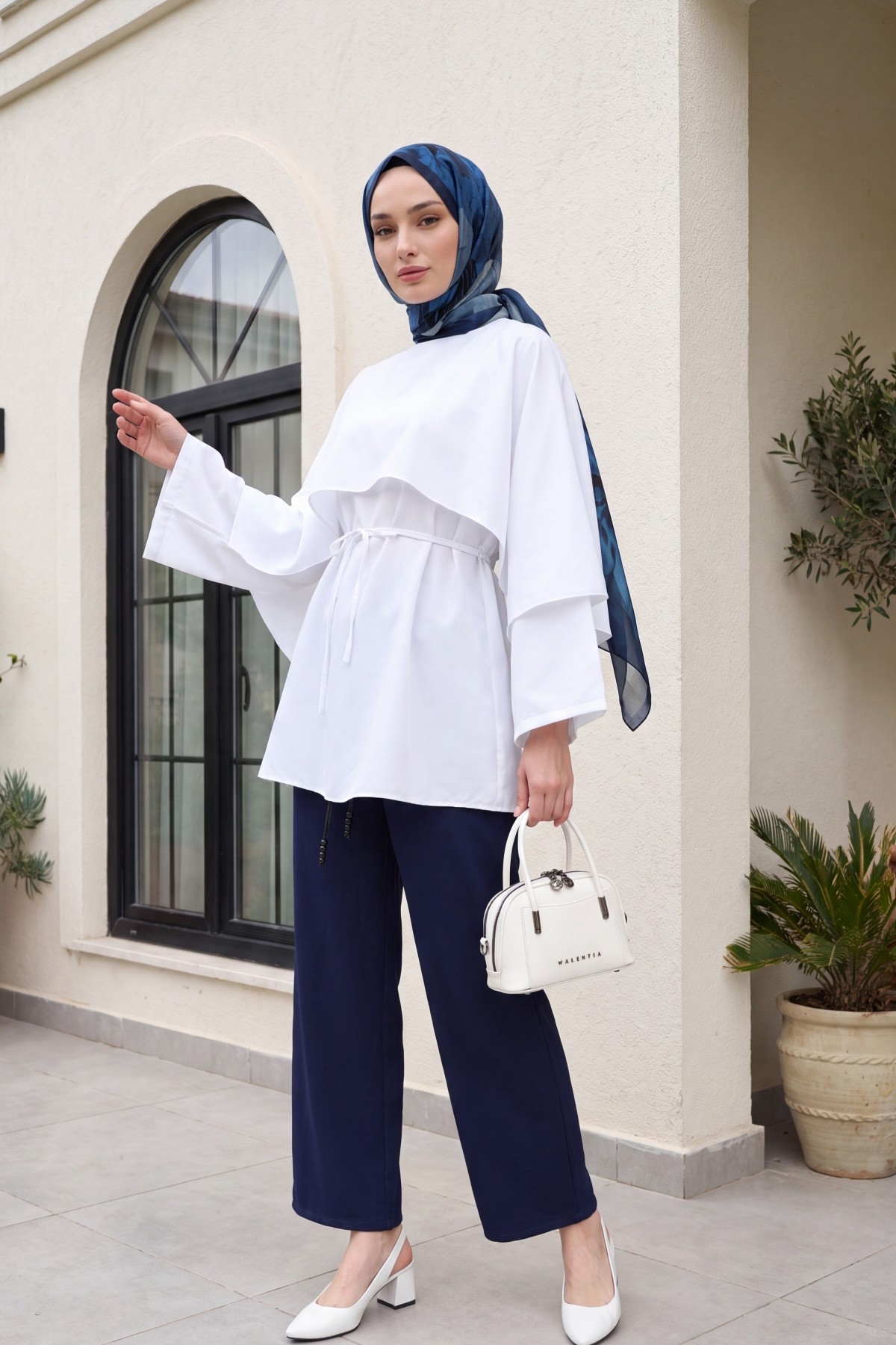 Cape Detail Belted Voile Tunic -White