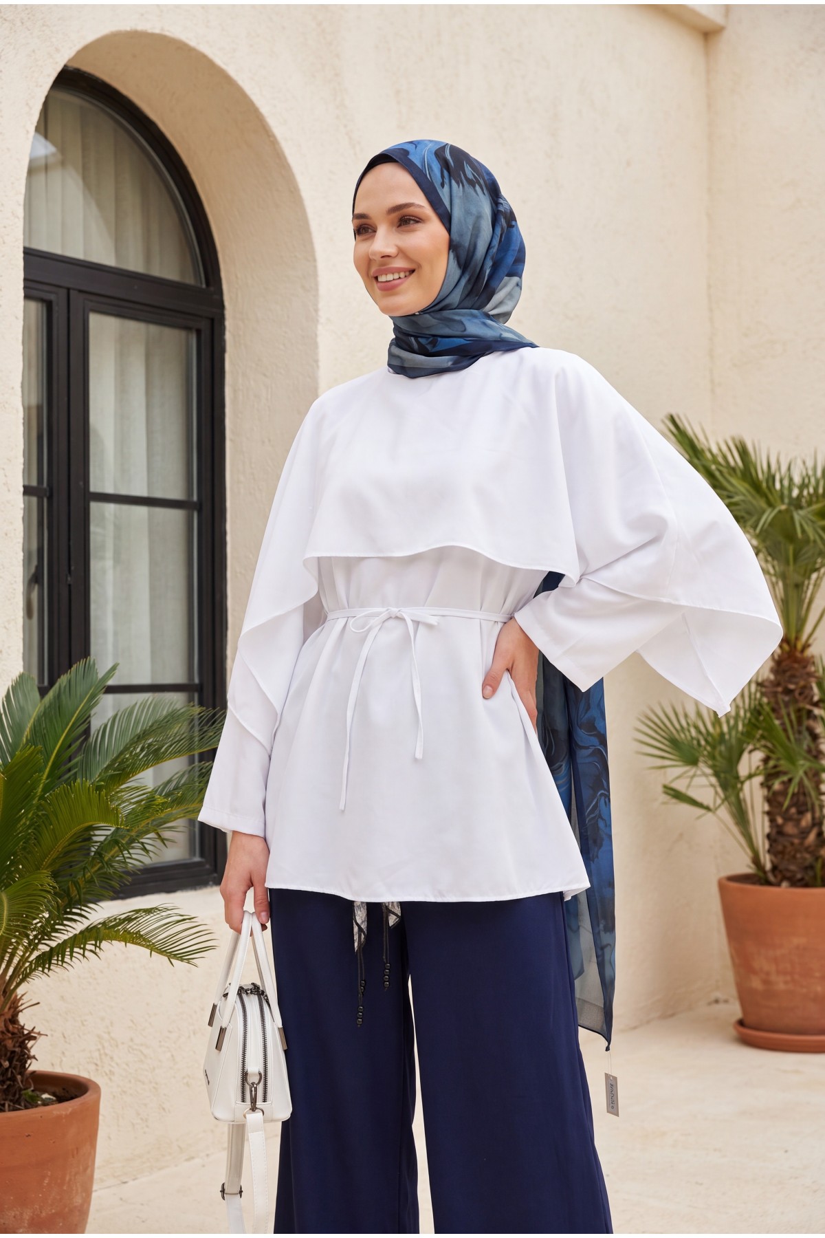 Cape Detail Belted Voile Tunic -White