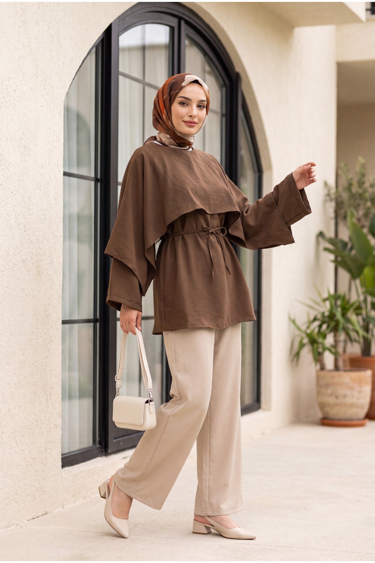 Cape Detail Belted Voile Tunic -Brown