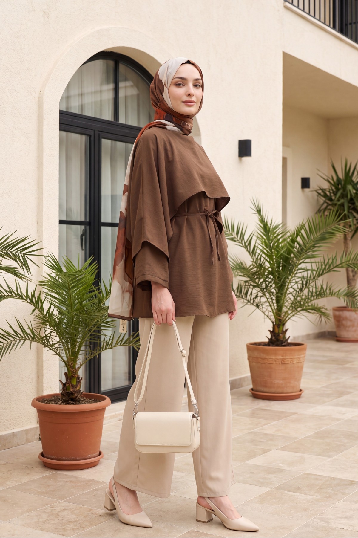Cape Detail Belted Voile Tunic -Brown