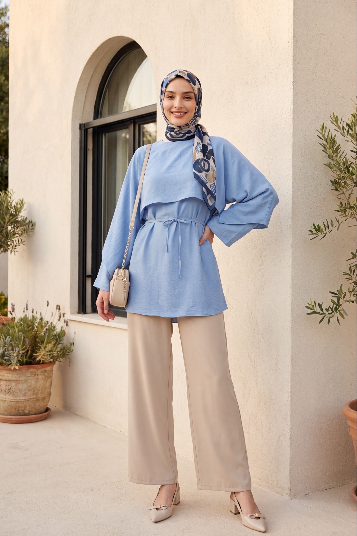 Cape Detail Belted Voile Tunic -Baby Blue