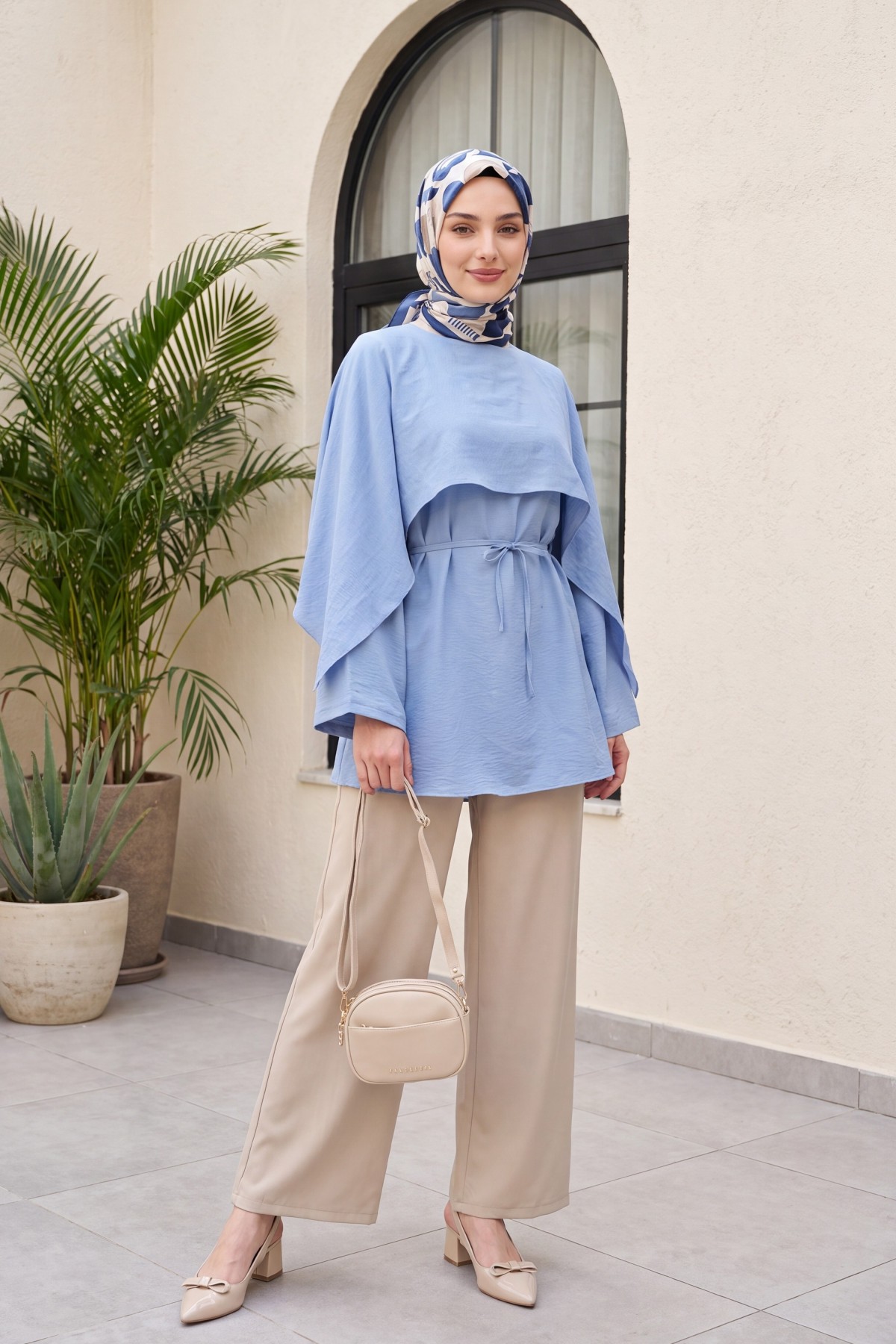 Cape Detail Belted Voile Tunic -Baby Blue