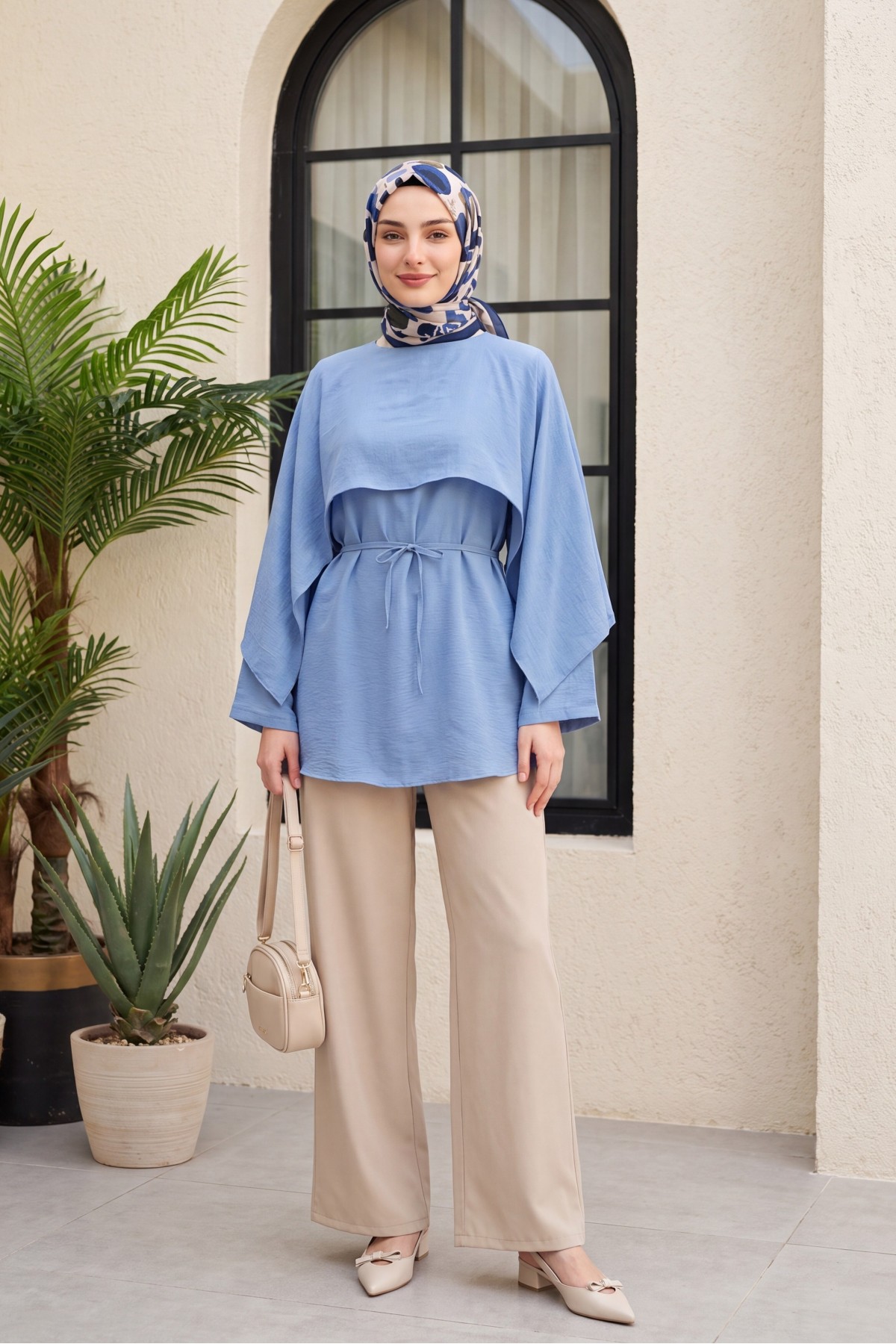 Cape Detail Belted Voile Tunic -Baby Blue