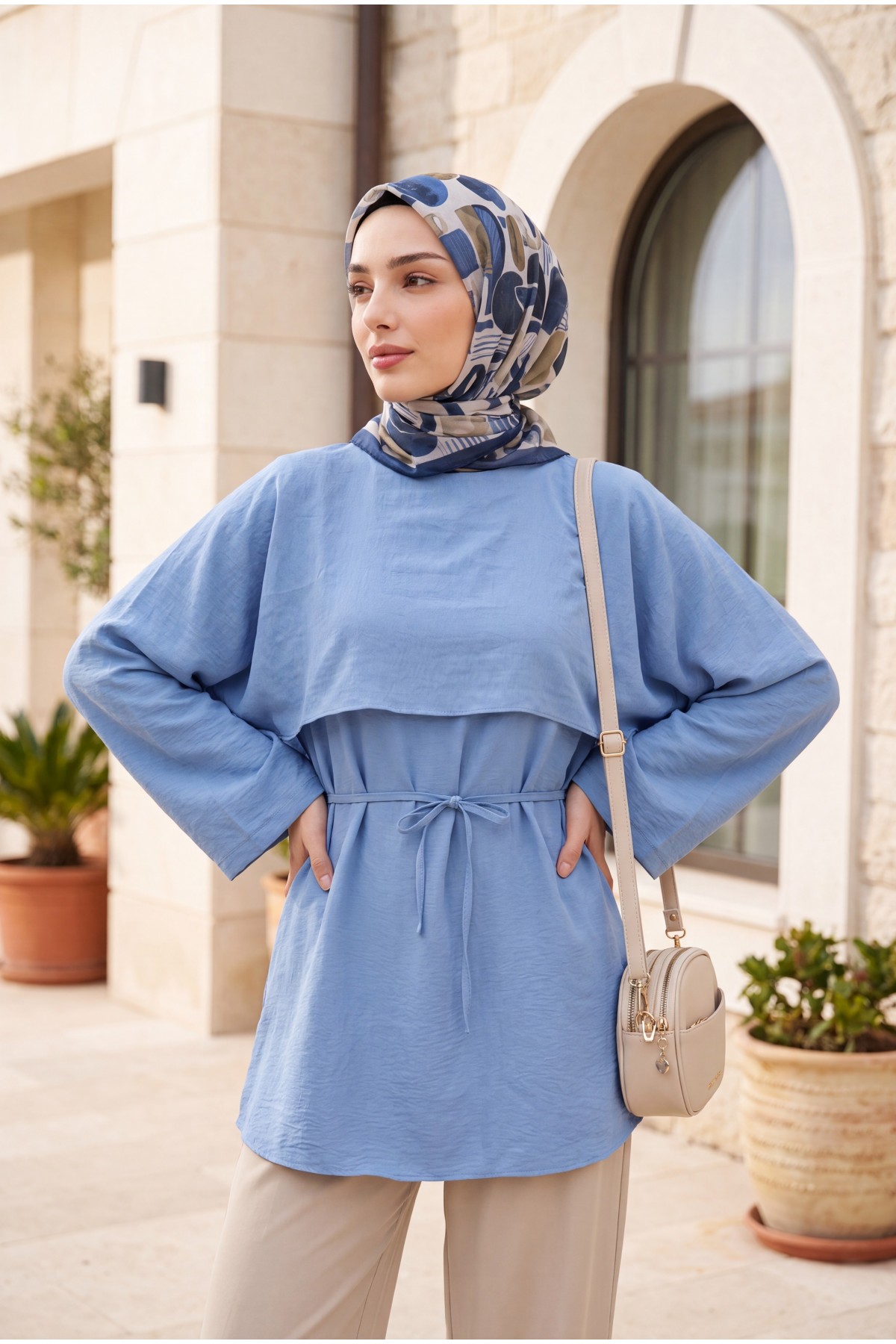 Cape Detail Belted Voile Tunic -Baby Blue