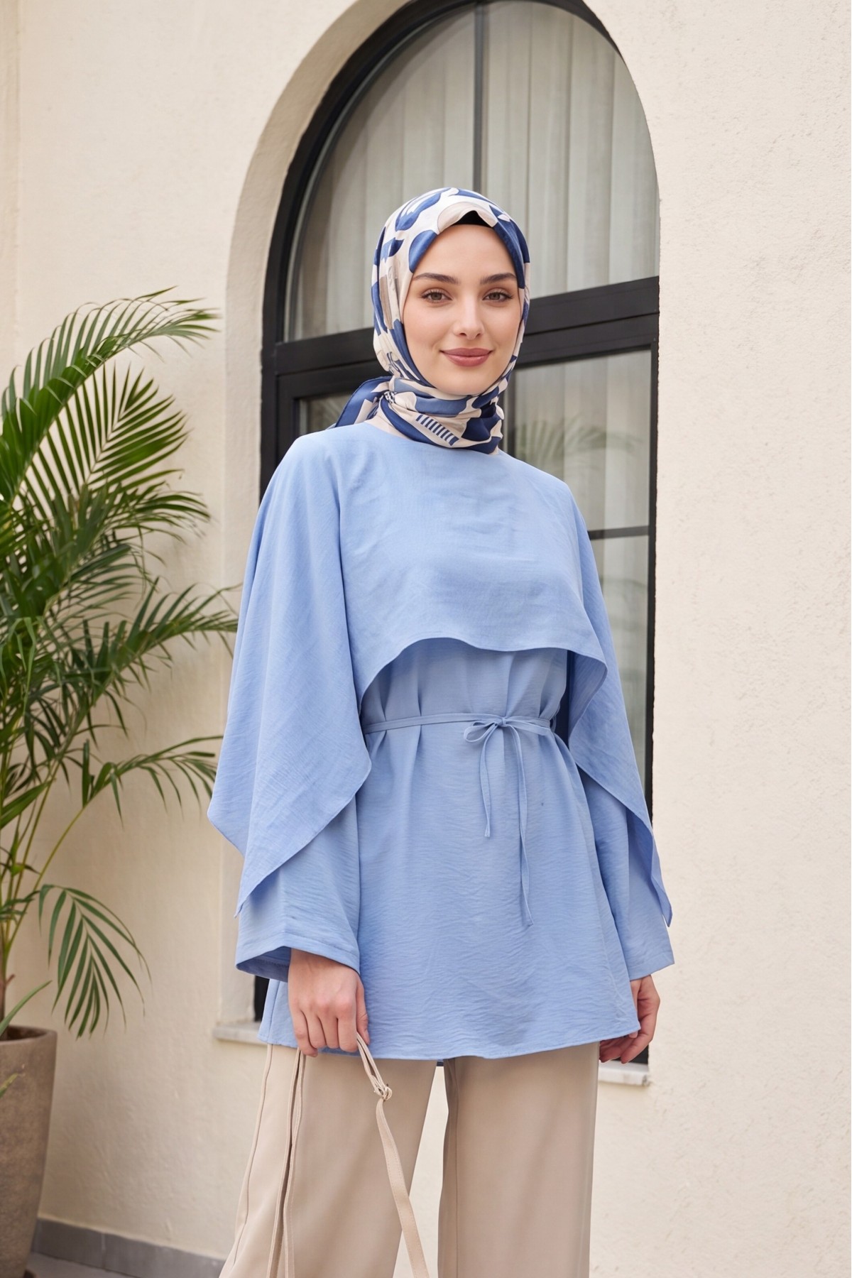 Cape Detail Belted Voile Tunic -Baby Blue