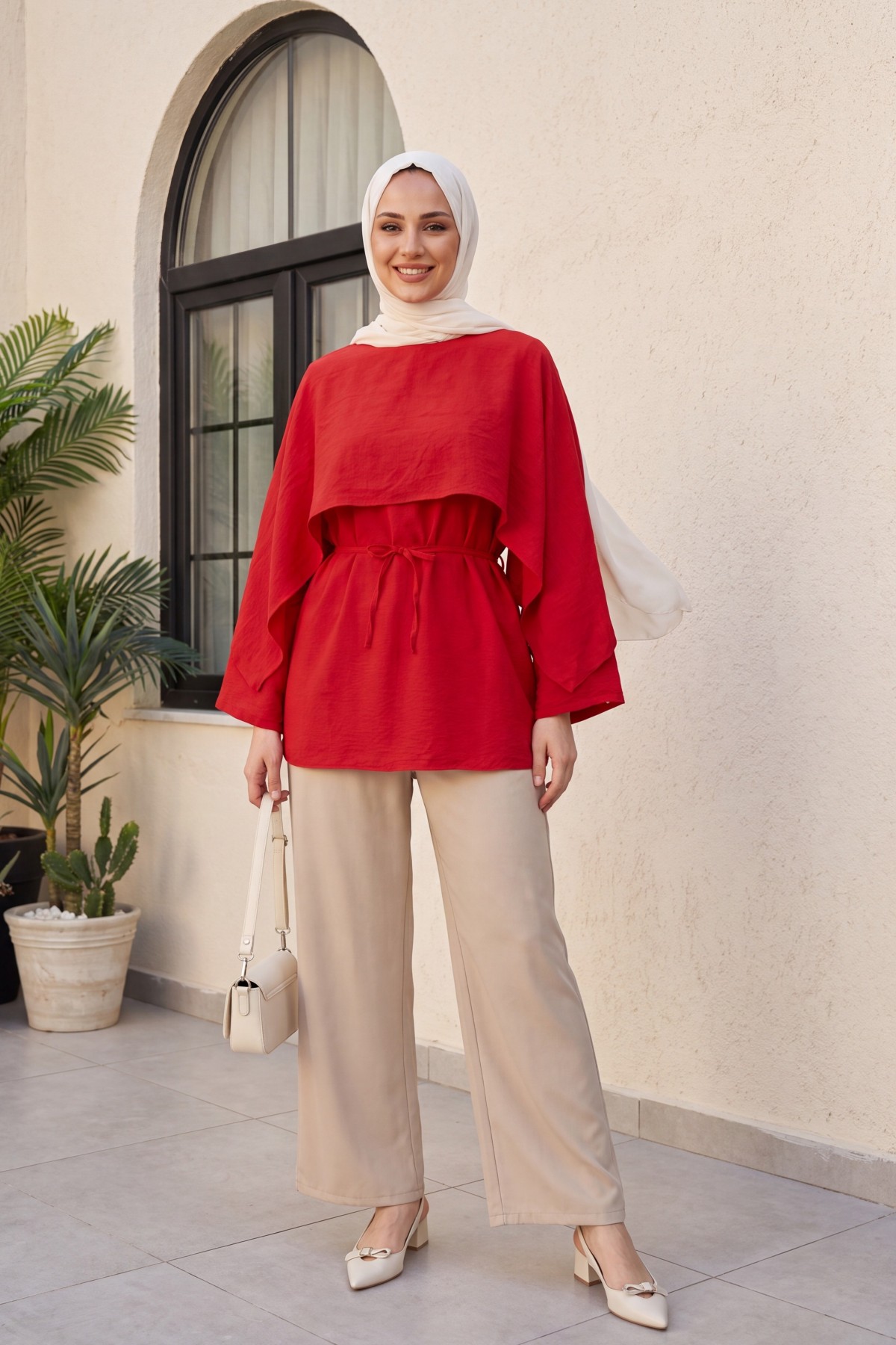 Cape Detail Belted Voile Tunic -Red
