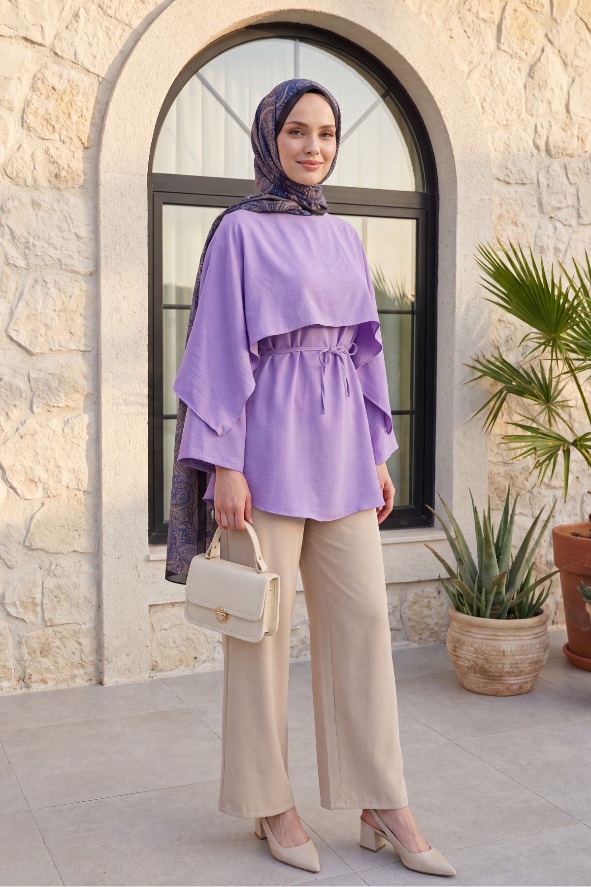 Cape Detail Belted Voile Tunic -Lilac