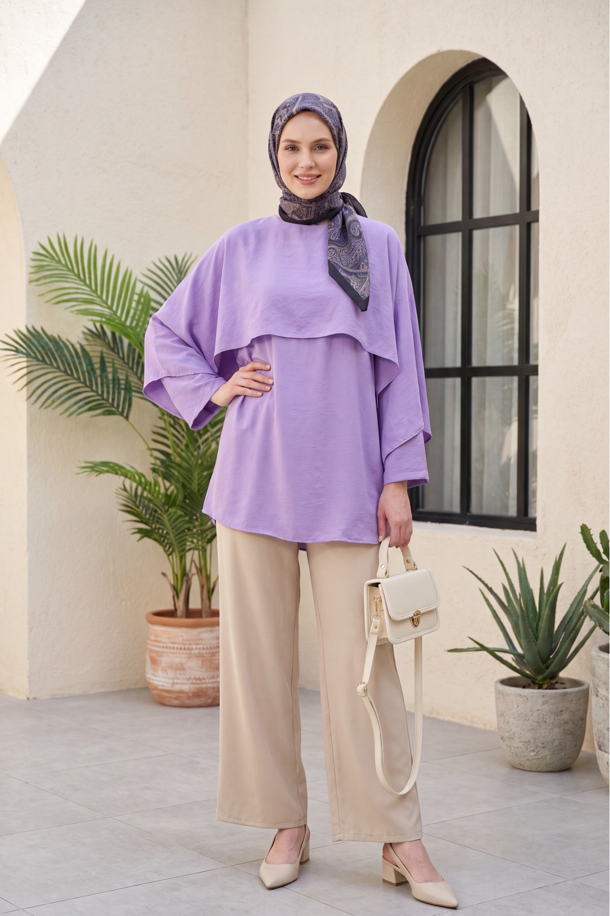 Cape Detail Belted Voile Tunic -Lilac