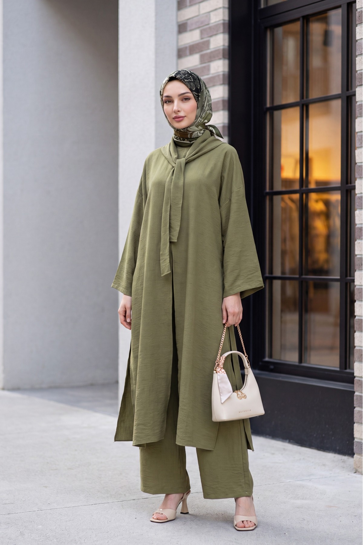 Deep Slit Linen Suit with Scarf Detail and Pockets -Khaki