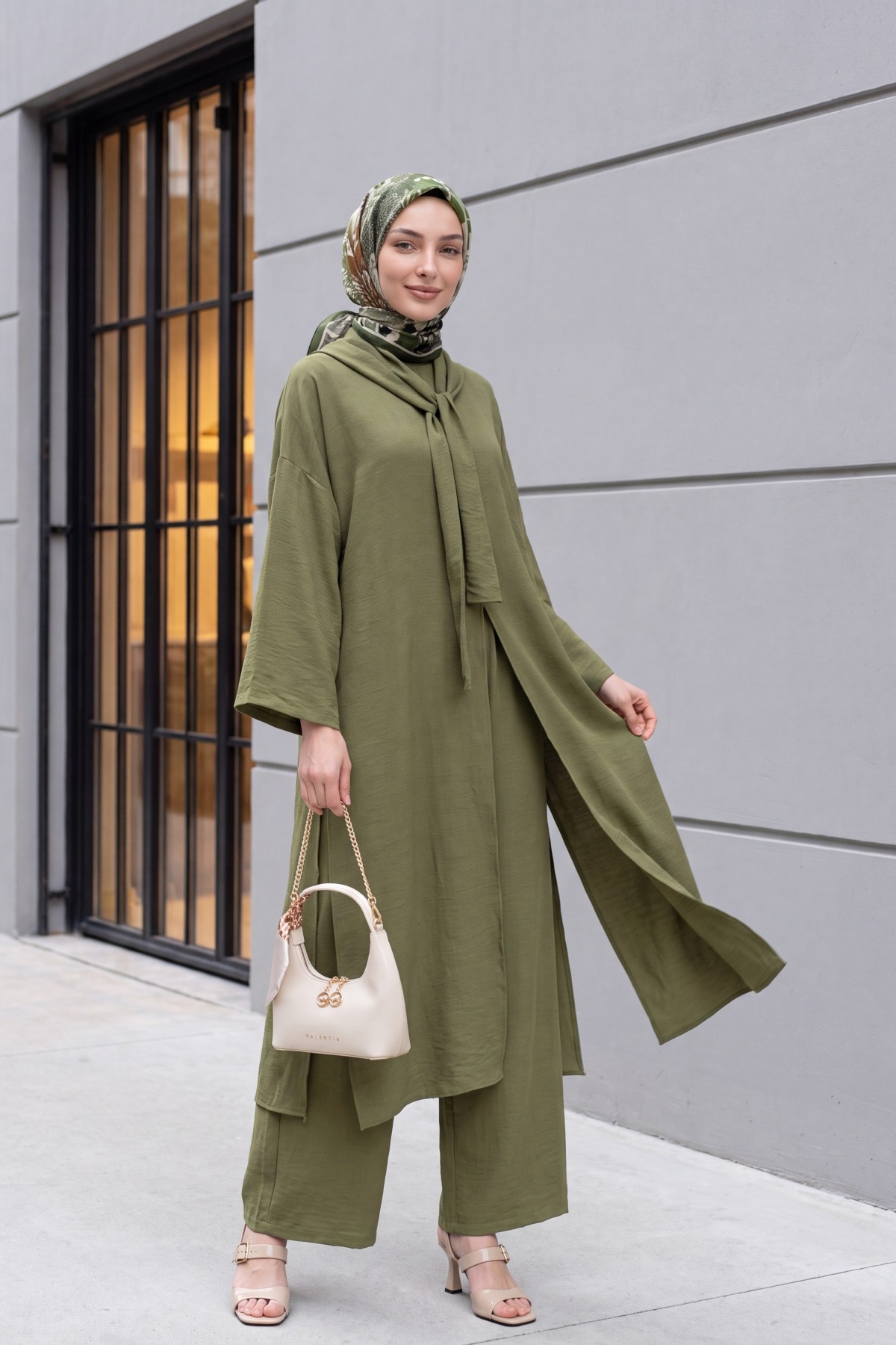 Deep Slit Linen Suit with Scarf Detail and Pockets -Khaki