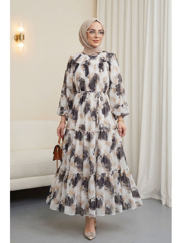 Desenli Bağcıklı Astarlı Parçalı Şifon Elbise -Siyah