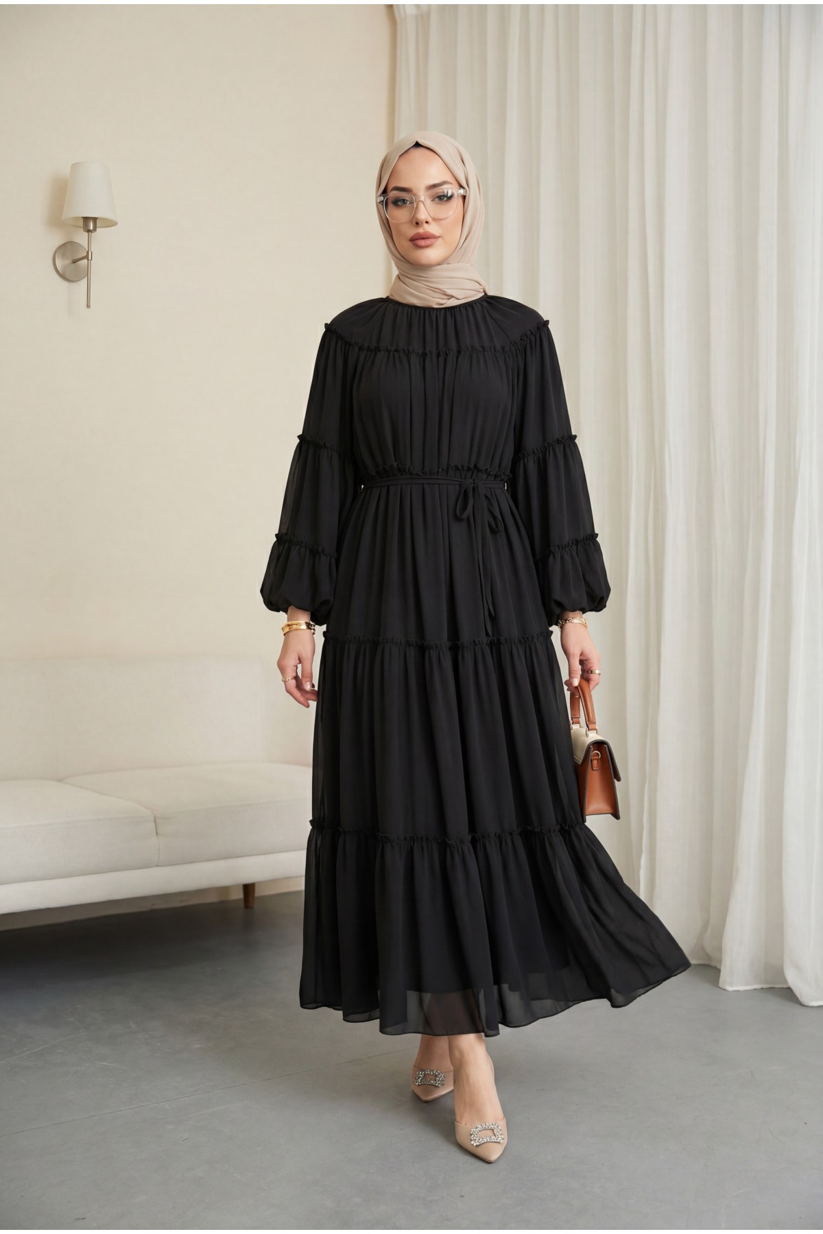 Yuvarlak Yaka Balon Kol Parçalı Astarlı Şifon Elbise -Siyah