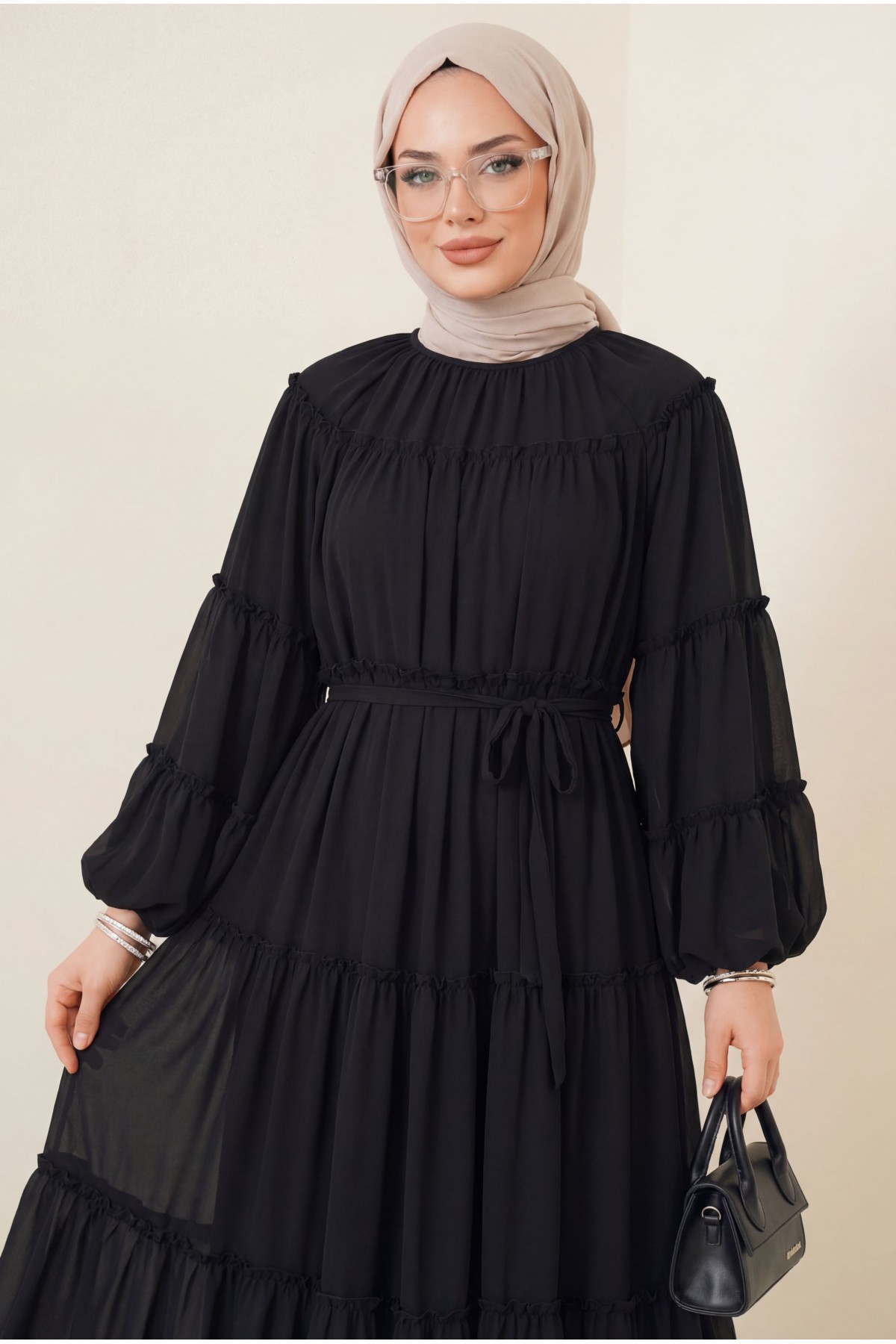 Yuvarlak Yaka Balon Kol Parçalı Astarlı Şifon Elbise -Siyah