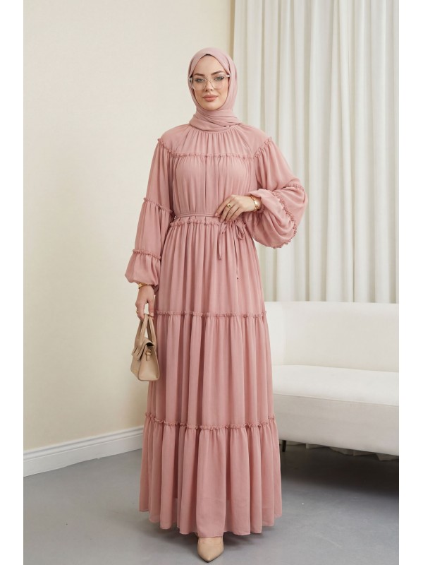 Yuvarlak Yaka Balon Kol Parçalı Astarlı Şifon Elbise -Pudra