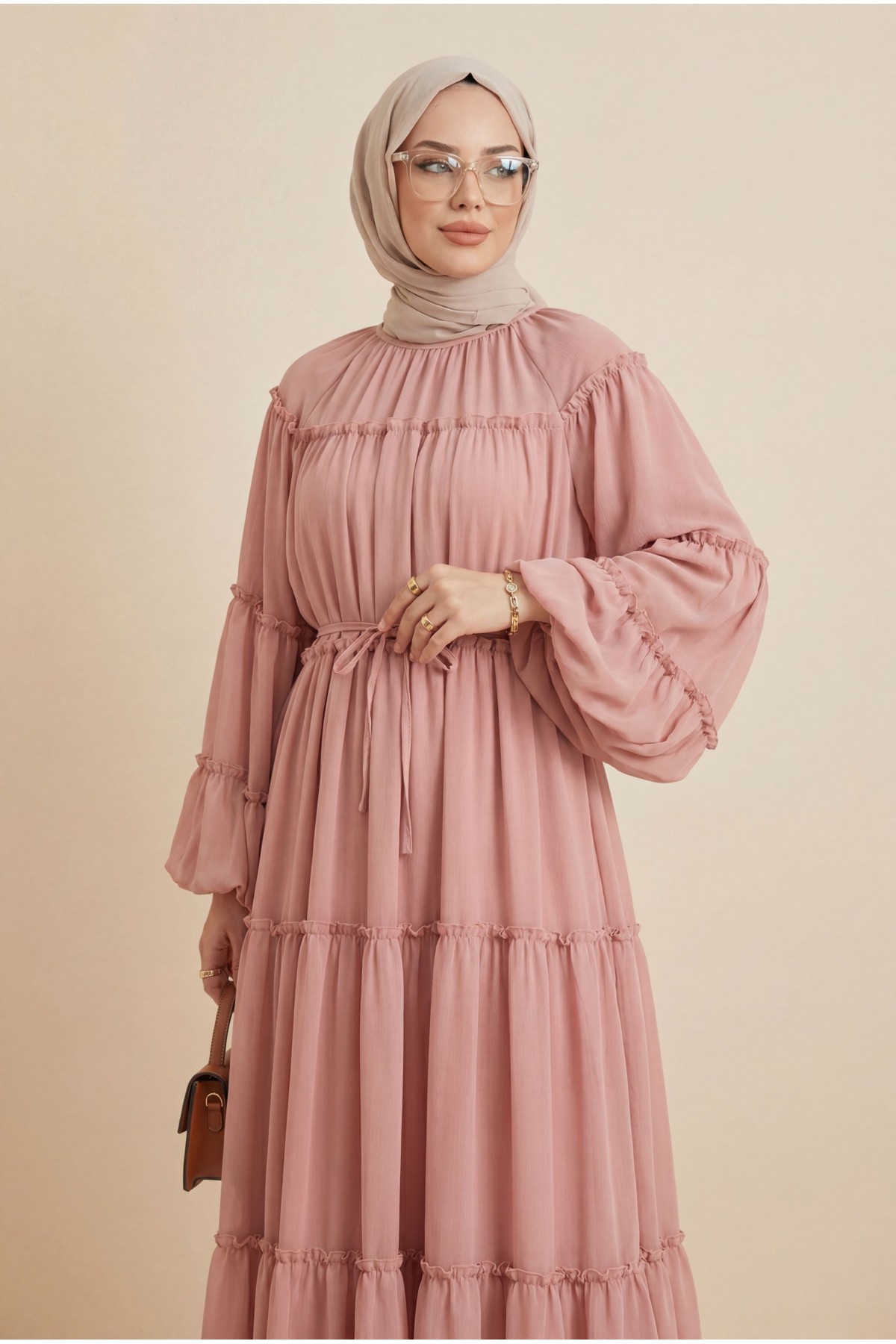 Yuvarlak Yaka Balon Kol Parçalı Astarlı Şifon Elbise -Pudra
