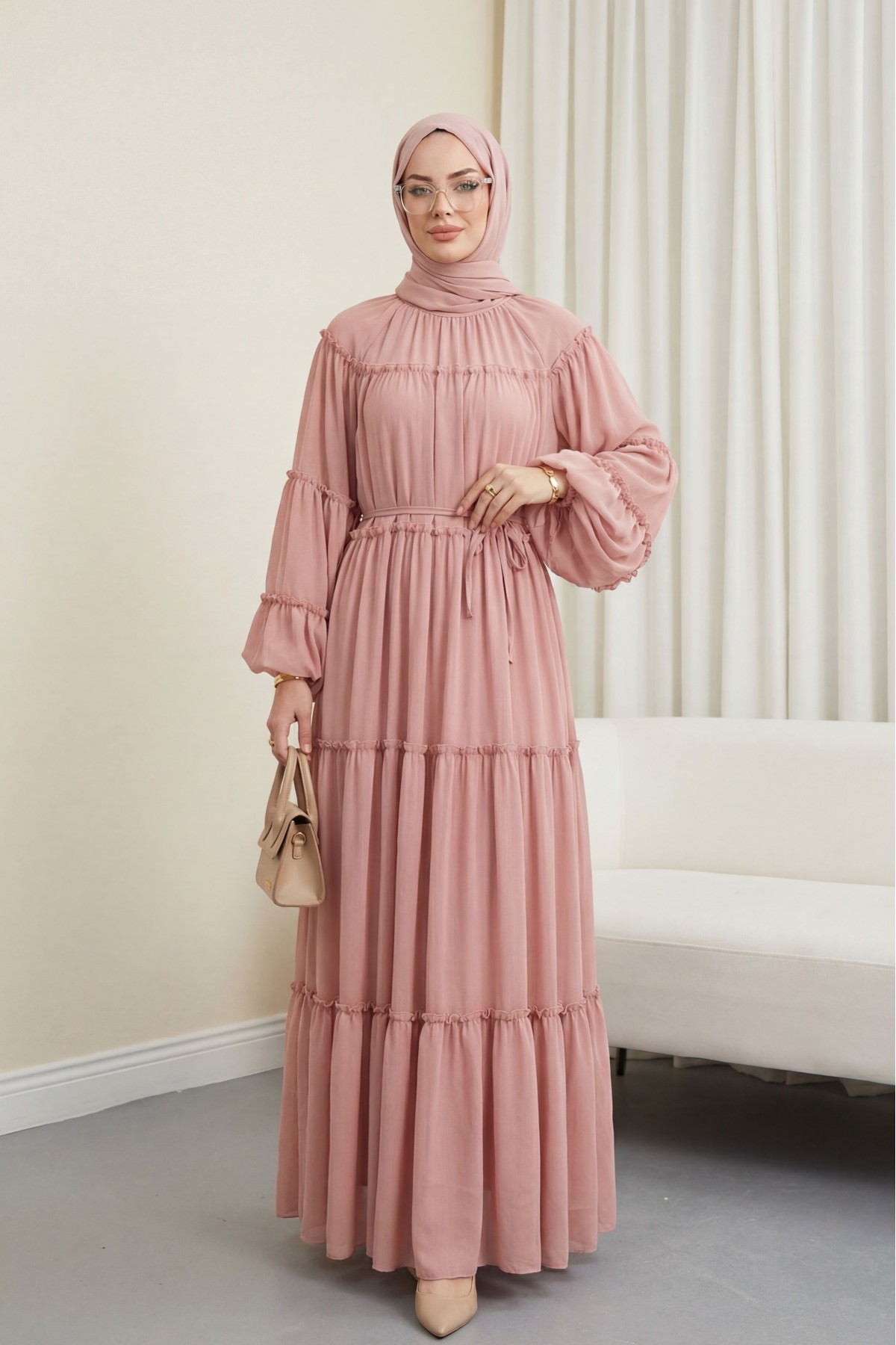 Yuvarlak Yaka Balon Kol Parçalı Astarlı Şifon Elbise -Pudra