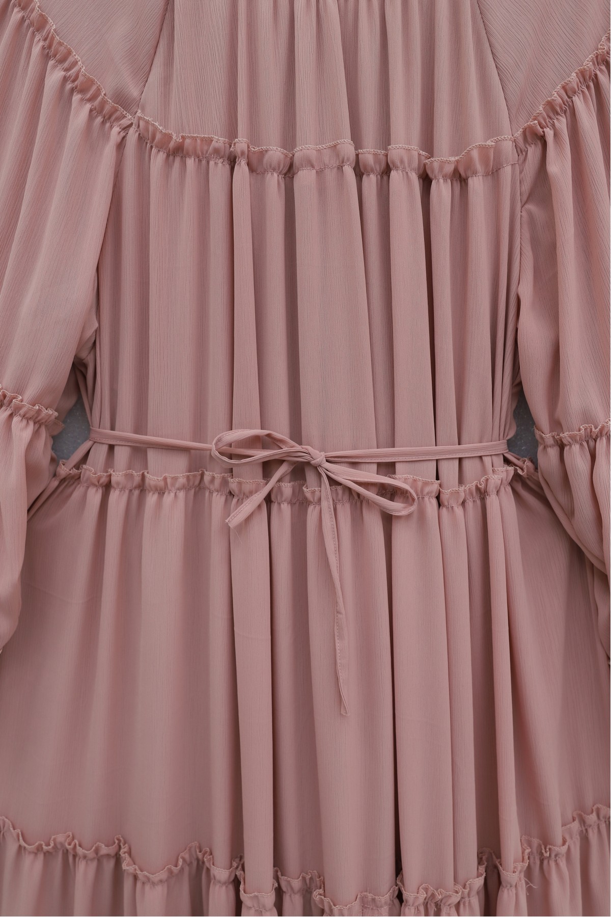 Yuvarlak Yaka Balon Kol Parçalı Astarlı Şifon Elbise -Pudra