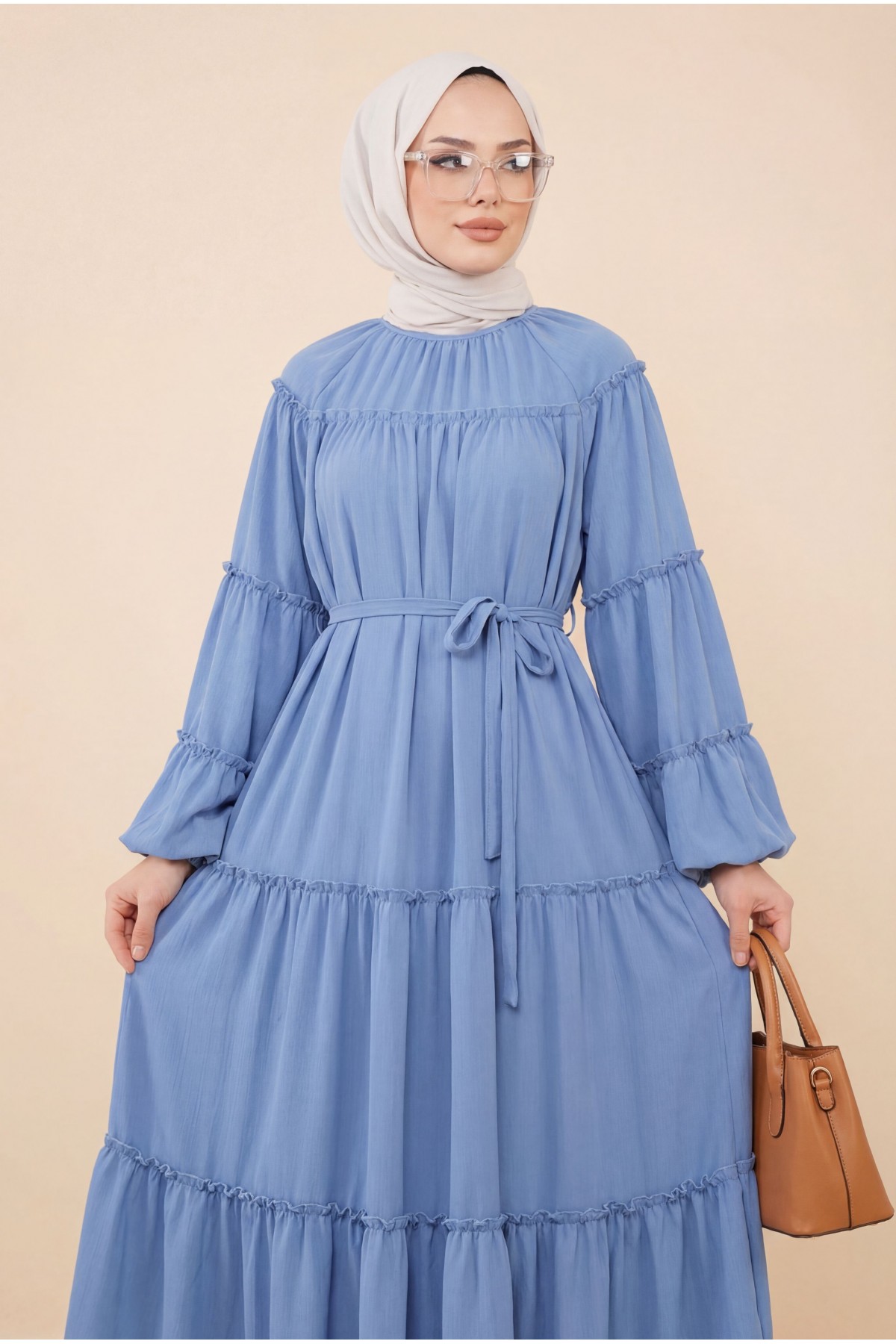 Yuvarlak Yaka Balon Kol Parçalı Astarlı Şifon Elbise -Mavi