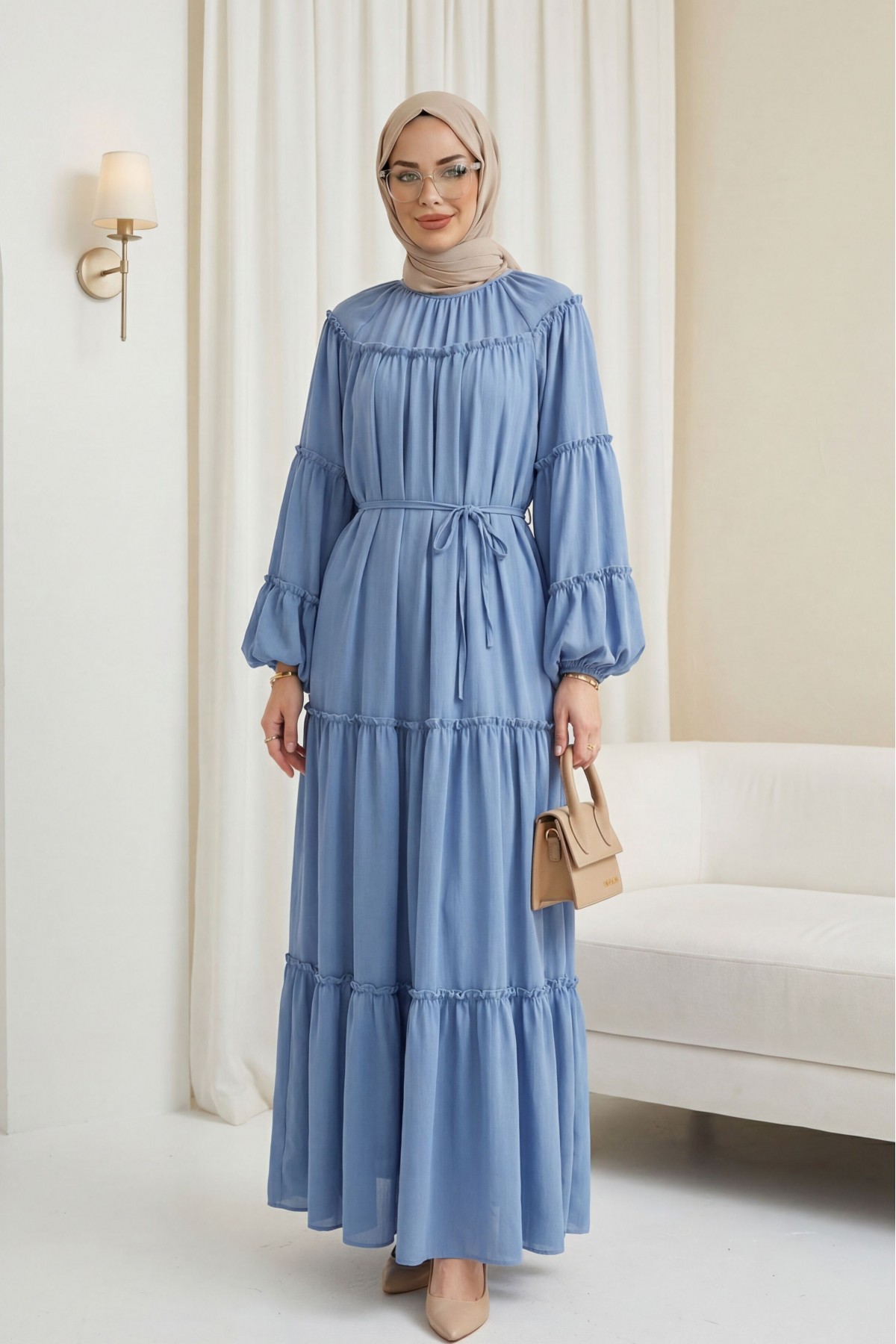 Yuvarlak Yaka Balon Kol Parçalı Astarlı Şifon Elbise -Mavi