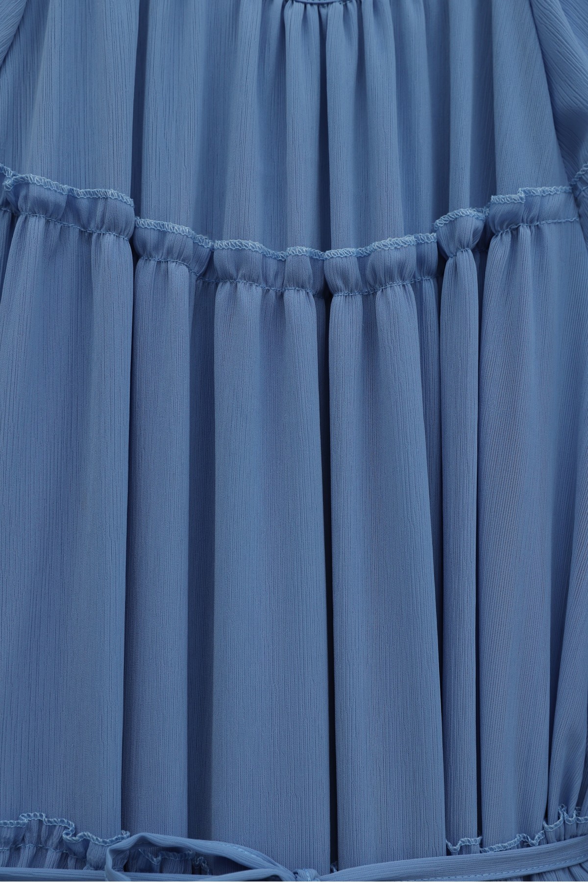 Yuvarlak Yaka Balon Kol Parçalı Astarlı Şifon Elbise -Mavi