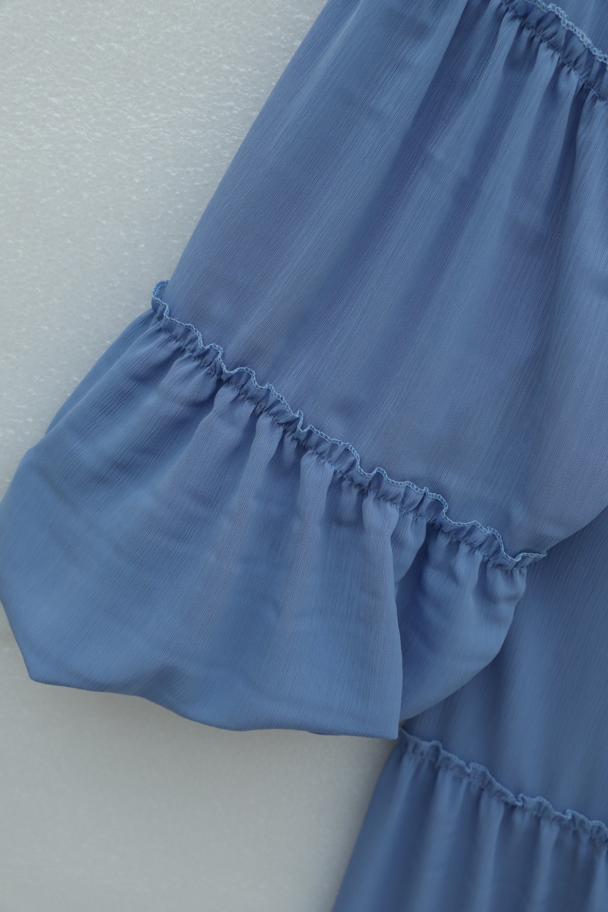 Yuvarlak Yaka Balon Kol Parçalı Astarlı Şifon Elbise -Mavi