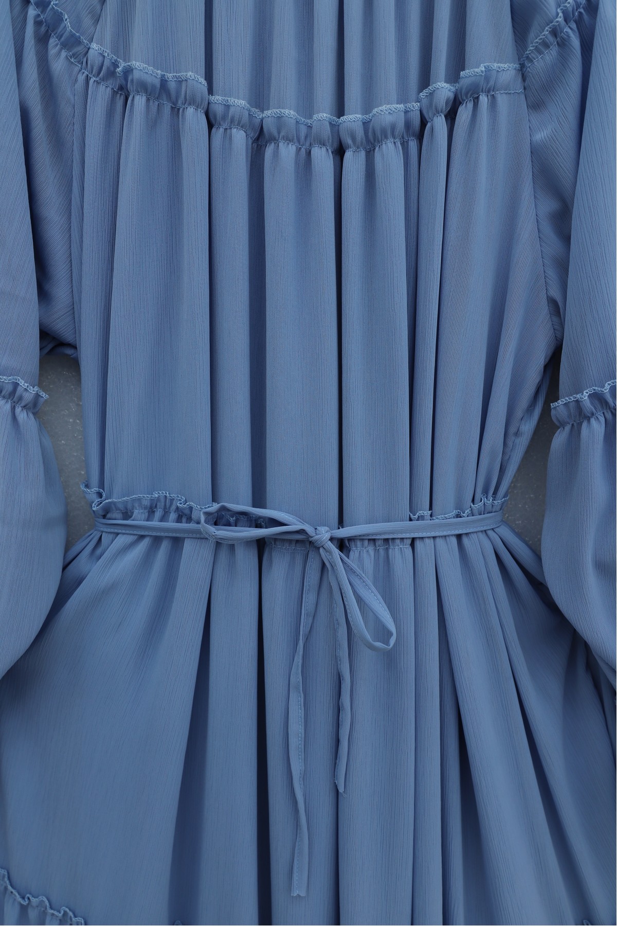 Yuvarlak Yaka Balon Kol Parçalı Astarlı Şifon Elbise -Mavi