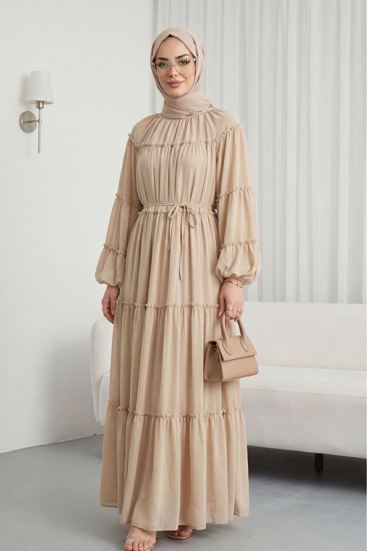 Yuvarlak Yaka Balon Kol Parçalı Astarlı Şifon Elbise -Bej