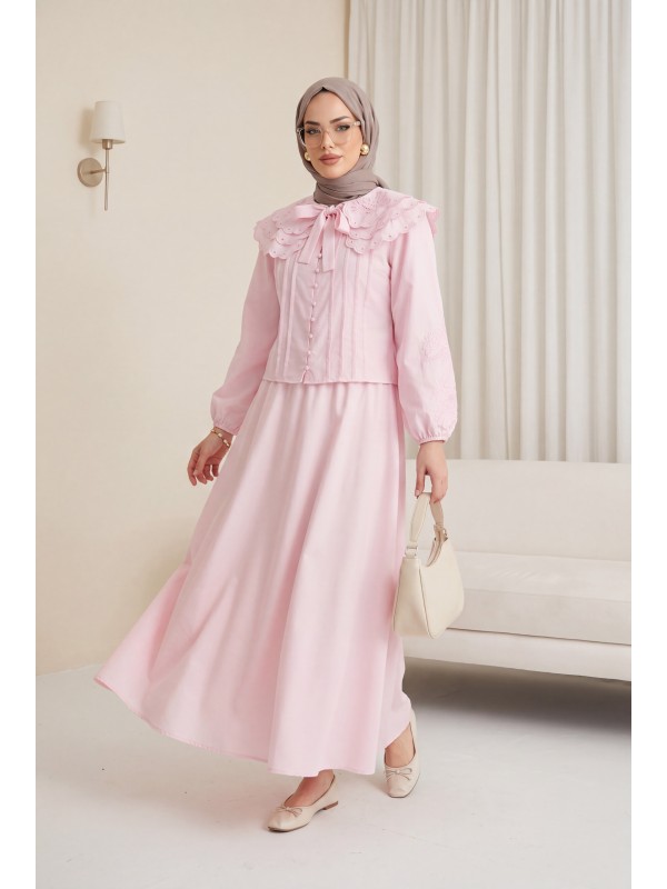 Geniş Yakalı Bağlamalı Kolu Lastikli Eteği Astarlı Poplin Takım  -Pembe