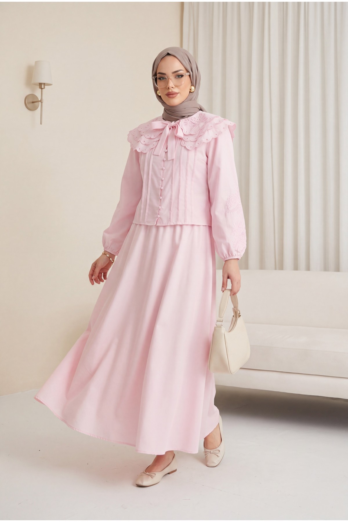 Geniş Yakalı Bağlamalı Kolu Lastikli Eteği Astarlı Poplin Takım  -Pembe