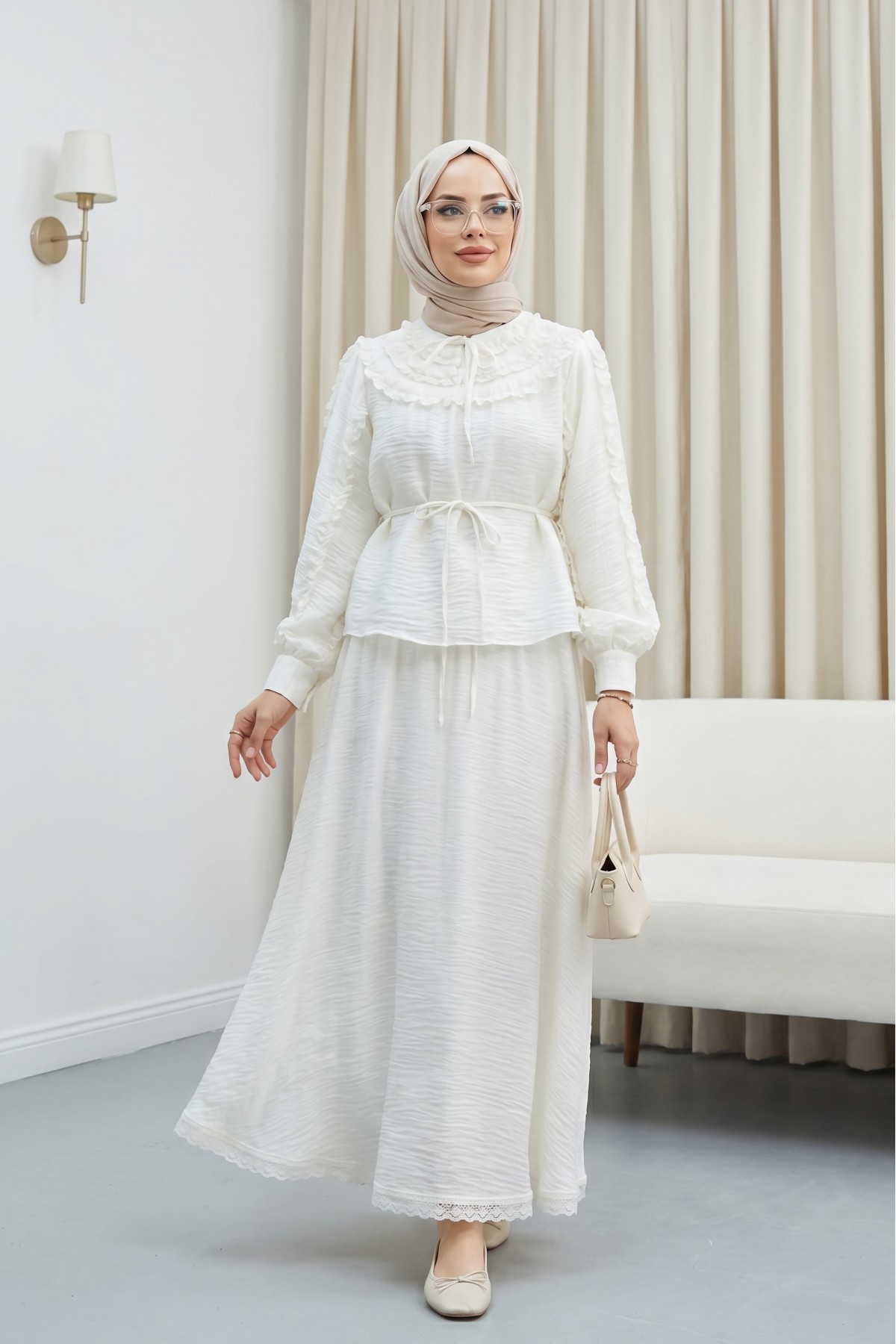 Cupra Suit with Tie Collar, Belt, Lined, and Ruffles -Ecru