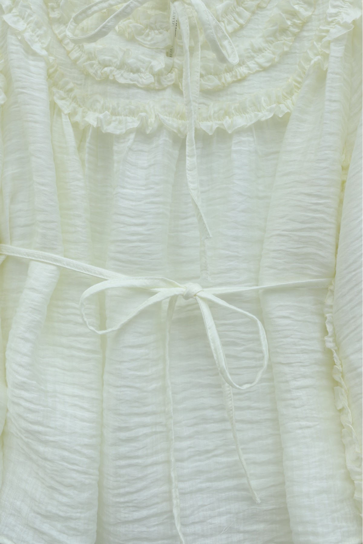 Cupra Suit with Tie Collar, Belt, Lined, and Ruffles -Ecru