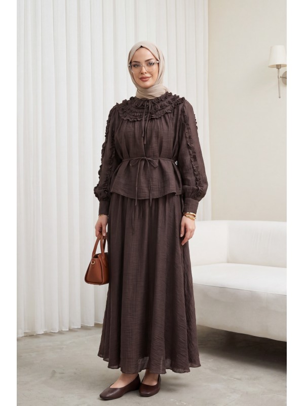 Cupra Suit with Tie Collar, Belt, Lined, and Ruffles -Dark Coffee