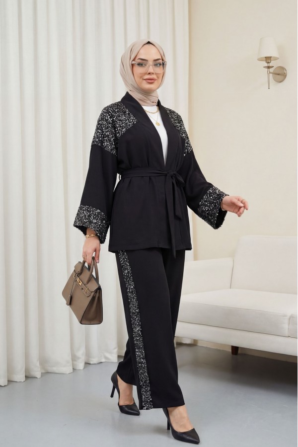 Omzu Ve Kolu Pul Payet Kemerli Pantolonlu Keten Kimono Takım  -Siyah