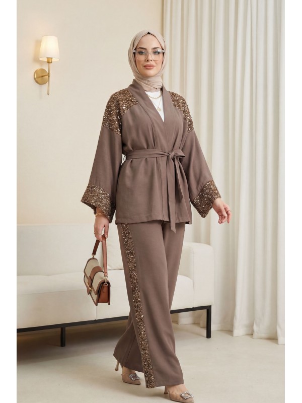 Omzu Ve Kolu Pul Payet Kemerli Pantolonlu Keten Kimono Takım  -Toprak