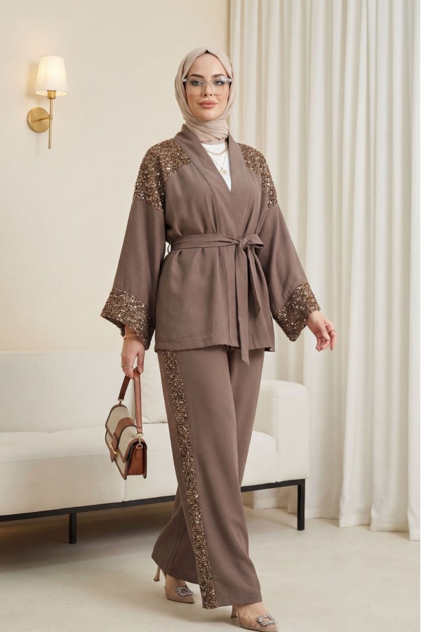 Omzu Ve Kolu Pul Payet Kemerli Pantolonlu Keten Kimono Takım  -Toprak