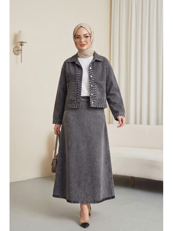 Nakış Detaylı Çift Cepli Önü Düğmeli Etekli Kot Takım -Füme