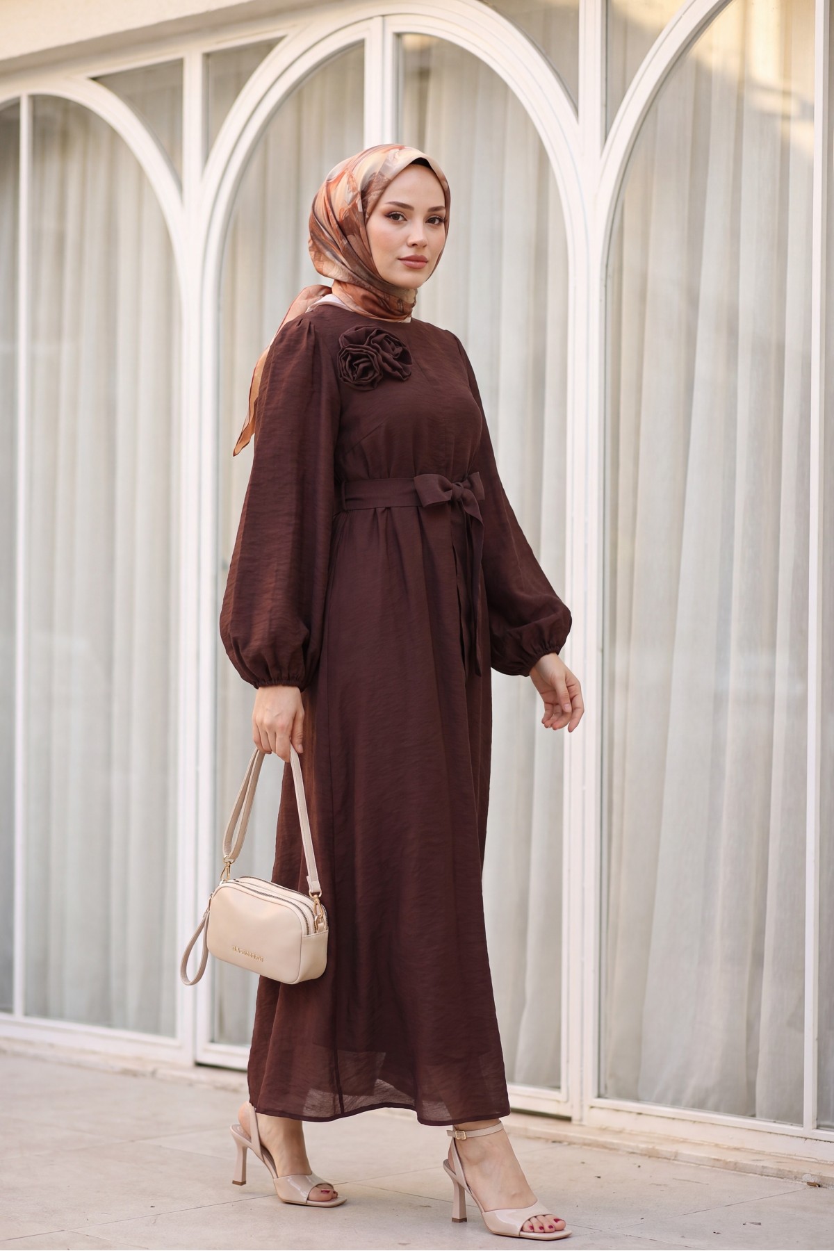 Brooch Detail Belted Lined Balloon Sleeve Tulle Voile Dress -Damson