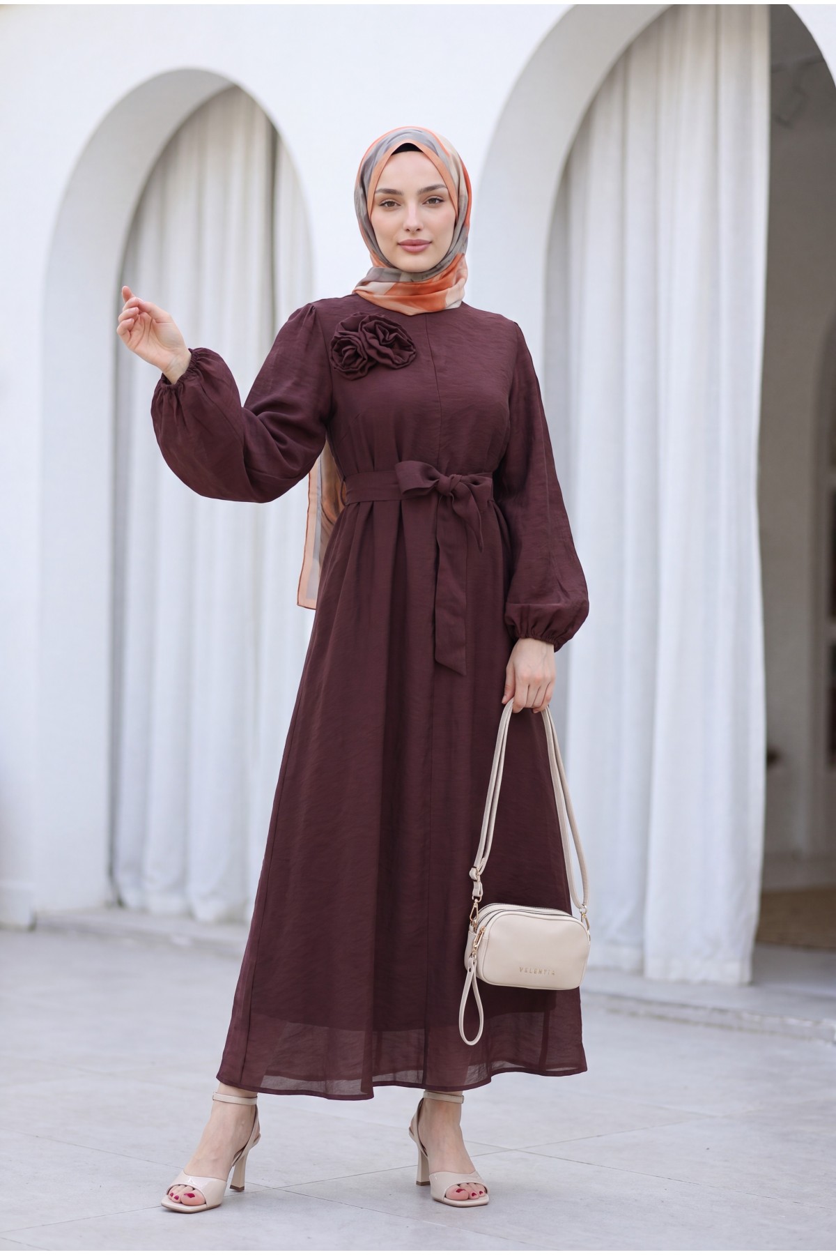 Brooch Detail Belted Lined Balloon Sleeve Tulle Voile Dress -Damson