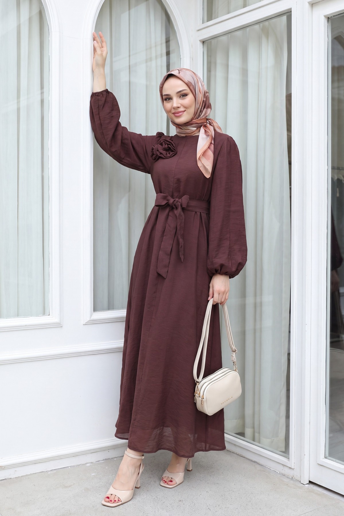 Brooch Detail Belted Lined Balloon Sleeve Tulle Voile Dress -Damson