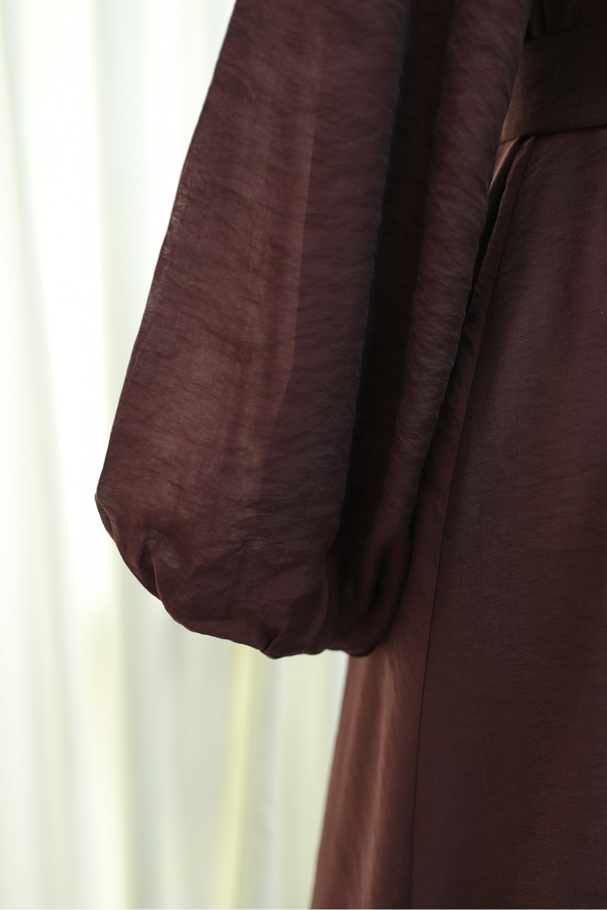 Brooch Detail Belted Lined Balloon Sleeve Tulle Voile Dress -Damson